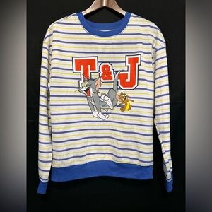Tom and Jerry Women Xtra Large White Blue Striped Long Sleeve Pullover Sweater